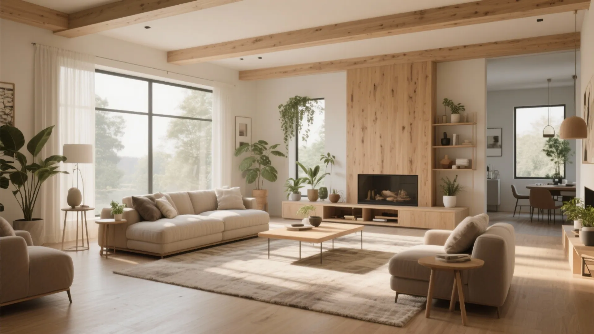 Bright living room with large windows wooden wall panel fireplace beige sofa and tall green plants