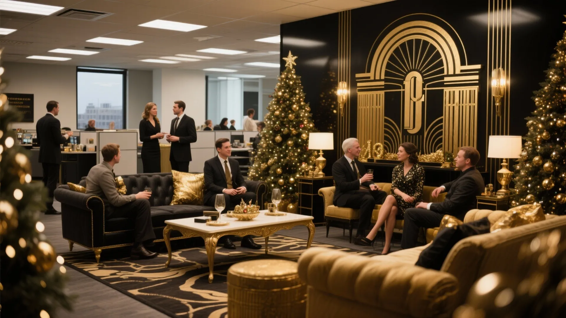 People in suits having an office party with gold decor and two lit Christmas trees
