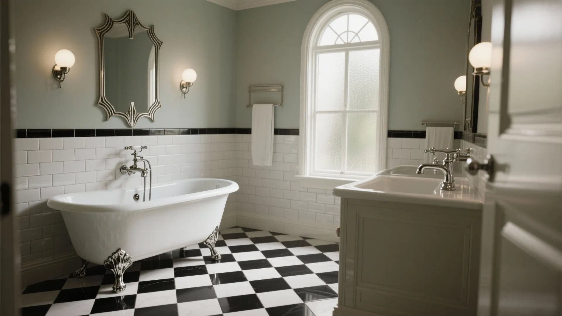 Vintage bathroom with white bathtub black and white floor tiles green walls and wall lights