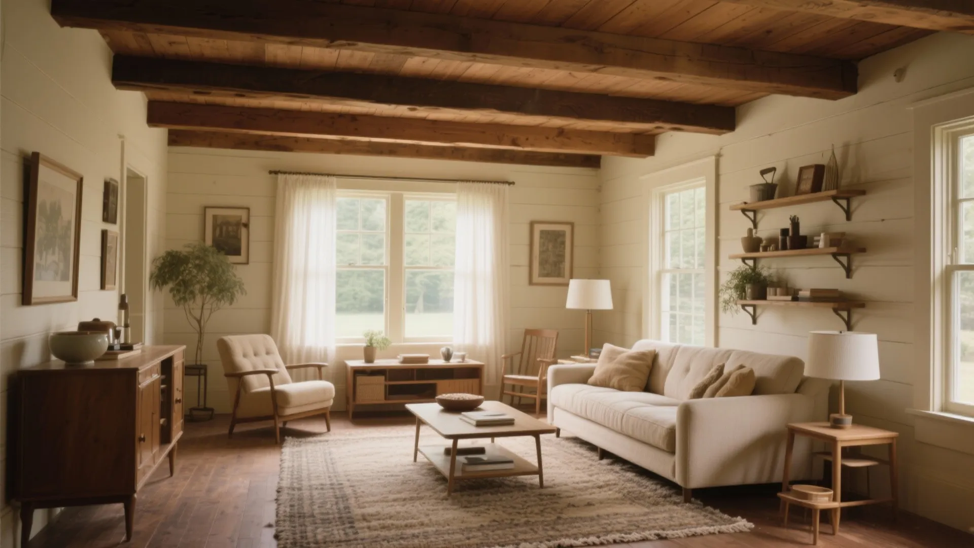 Cozy living room with white sofa wooden coffee table wall shelves and exposed ceiling beams