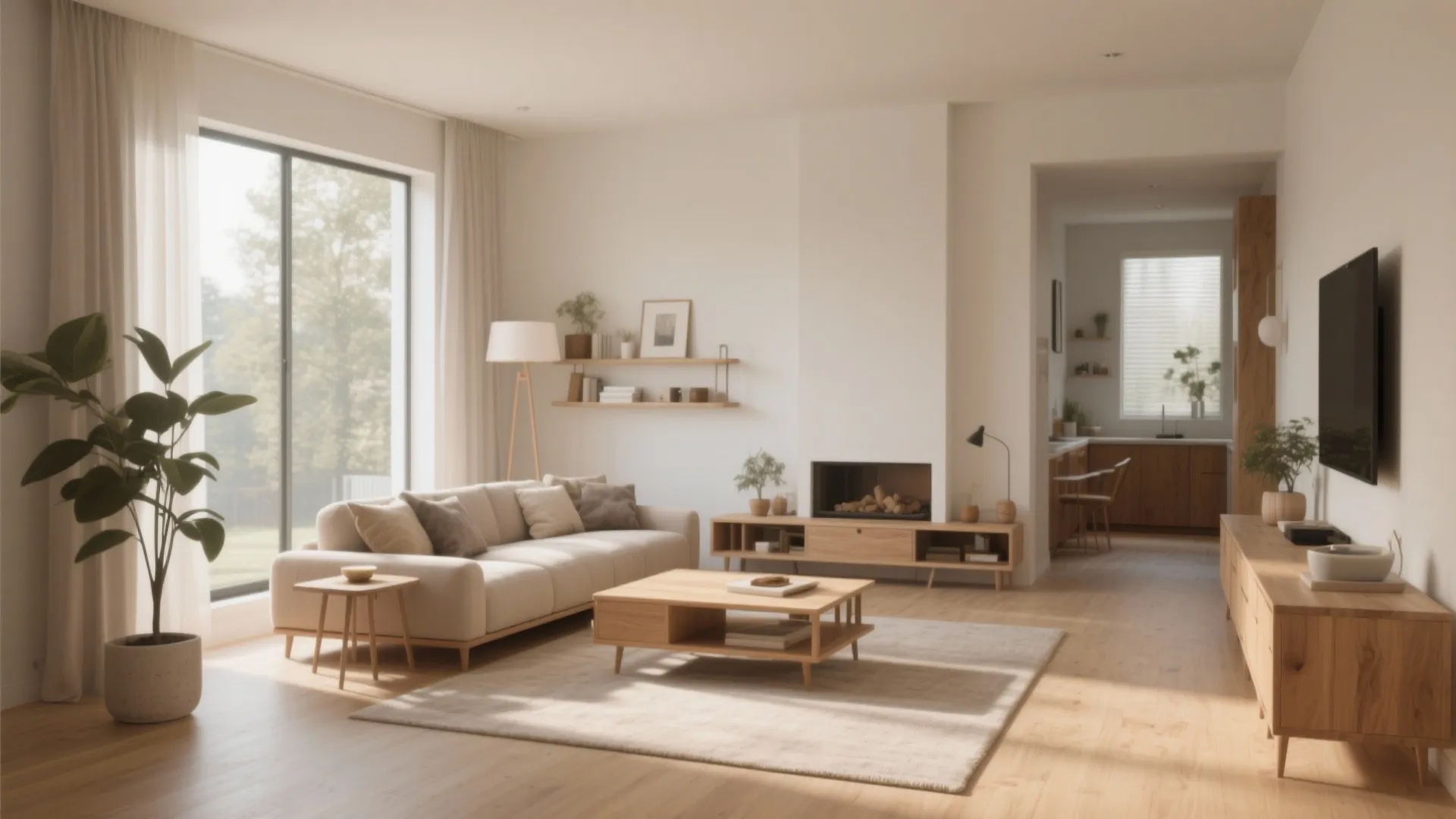 Bright living room with beige sofa wooden cabinet coffee table fireplace and green plant decor