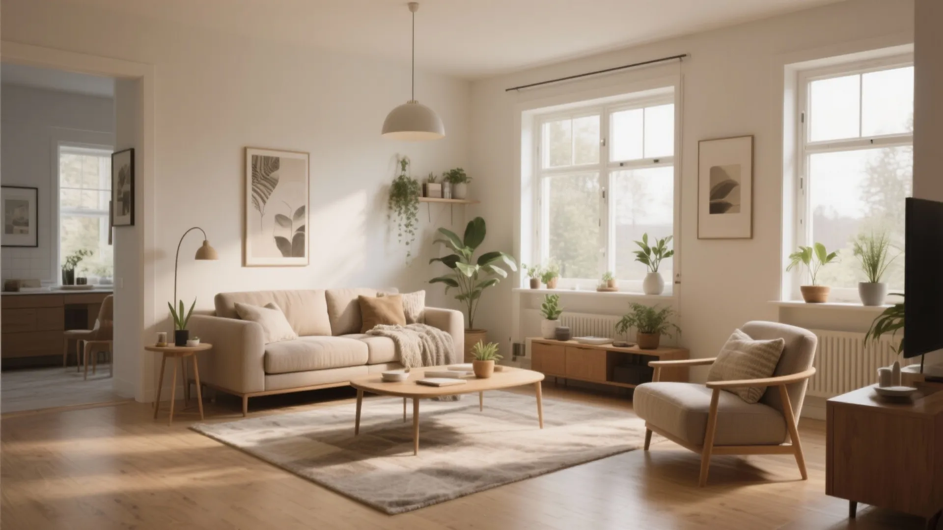 Cosy interior design with beige sofa wooden floor ceiling light and view into the kitchen area