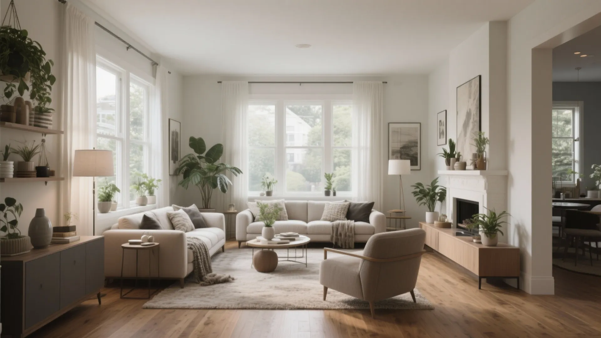 Bright living room with white sofas fireplace green plants wooden floor and large white windows