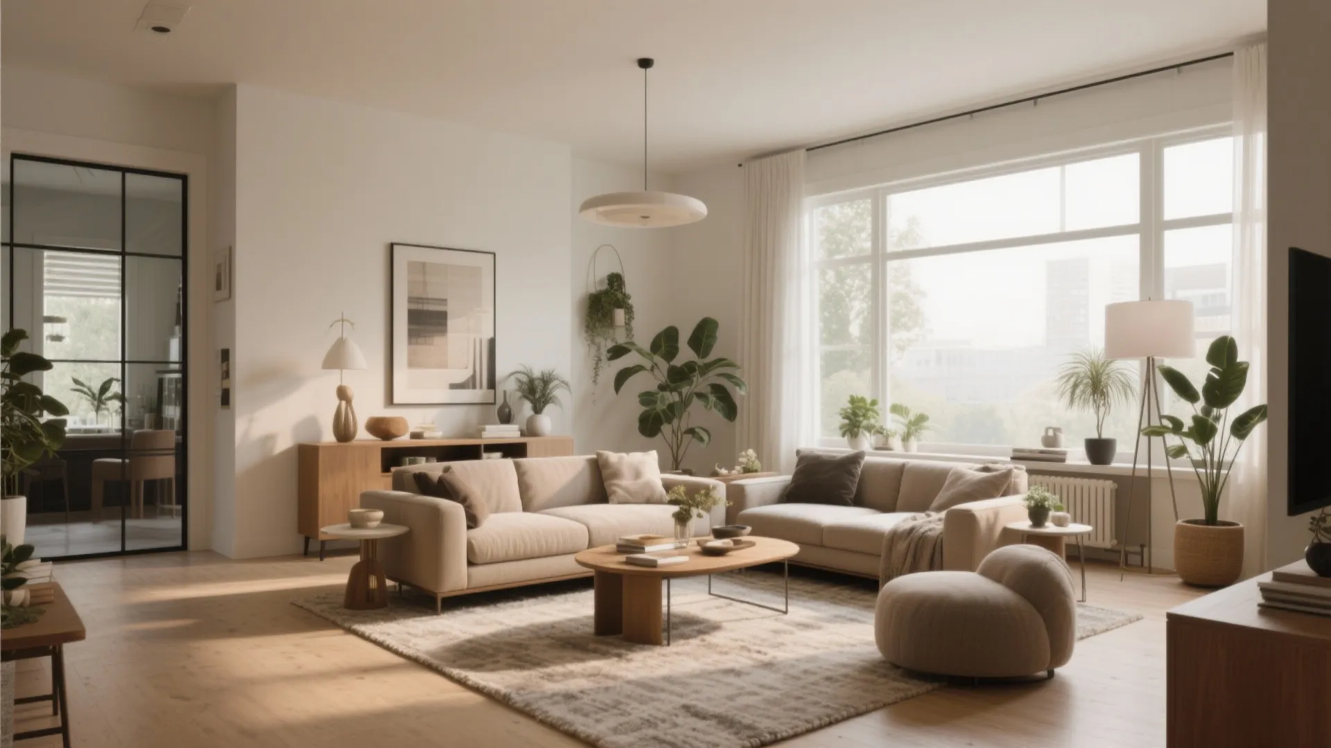 Modern warm living room with beige sofas wooden coffee table ceiling light and large bright windows