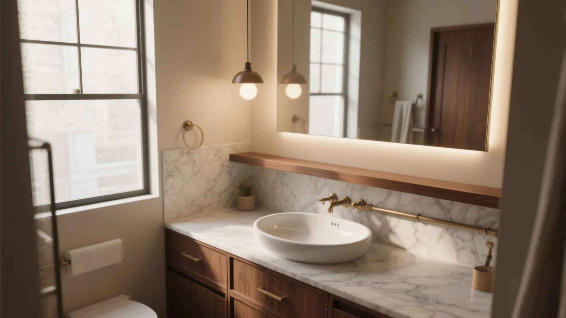 Warm bathroom interior with marble counter wood cabinet gold tap large mirror and hanging light