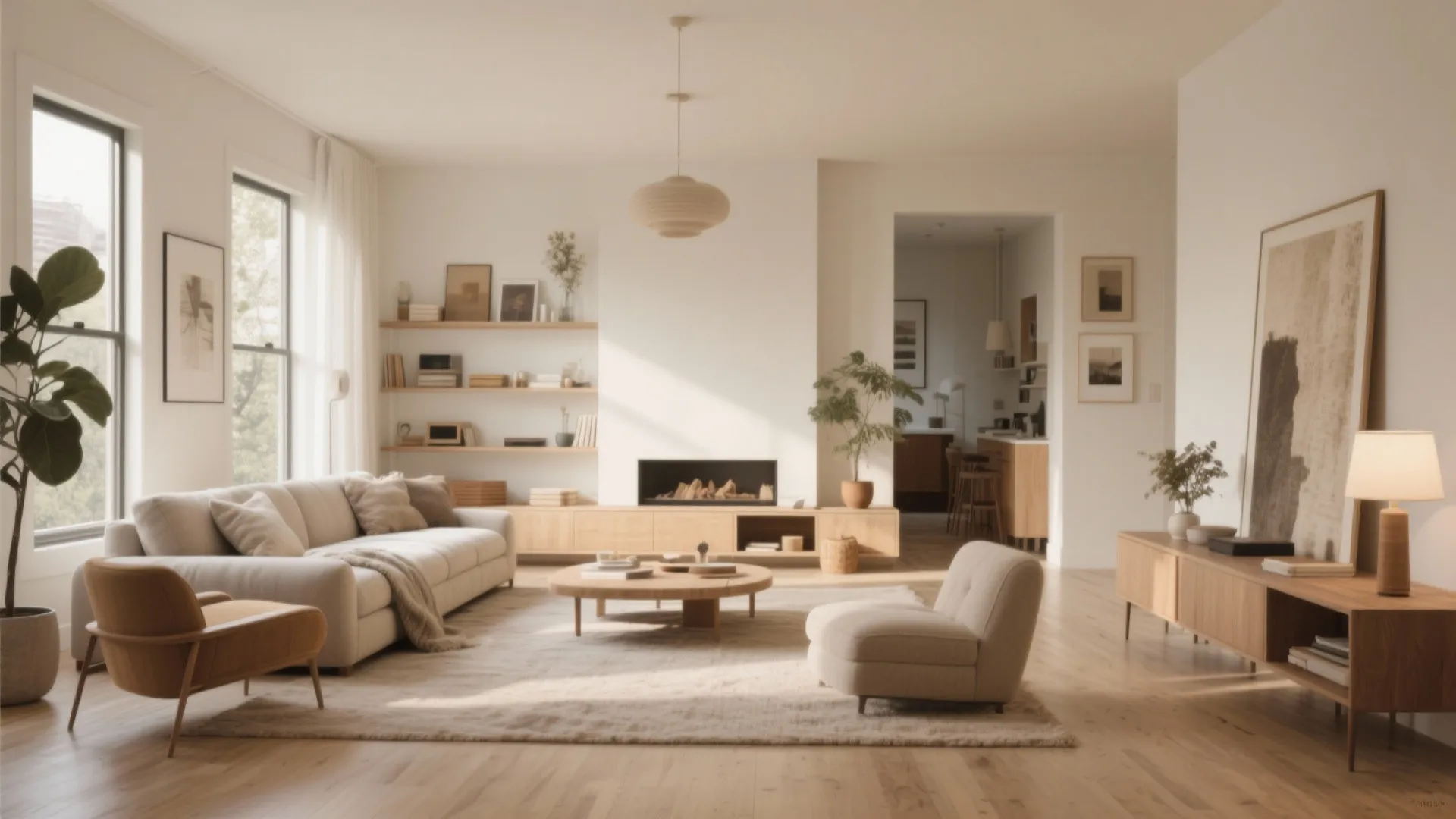 Bright living room featuring beige sofa wooden coffee table fireplace and neutral interior design style