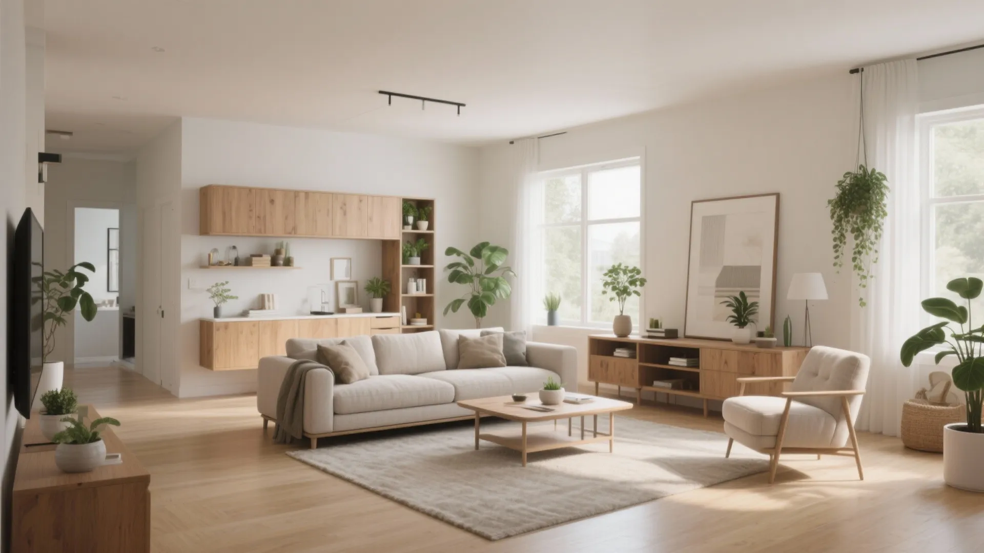 Bright living room with wooden storage cabinets white sofa green plants and warm natural light