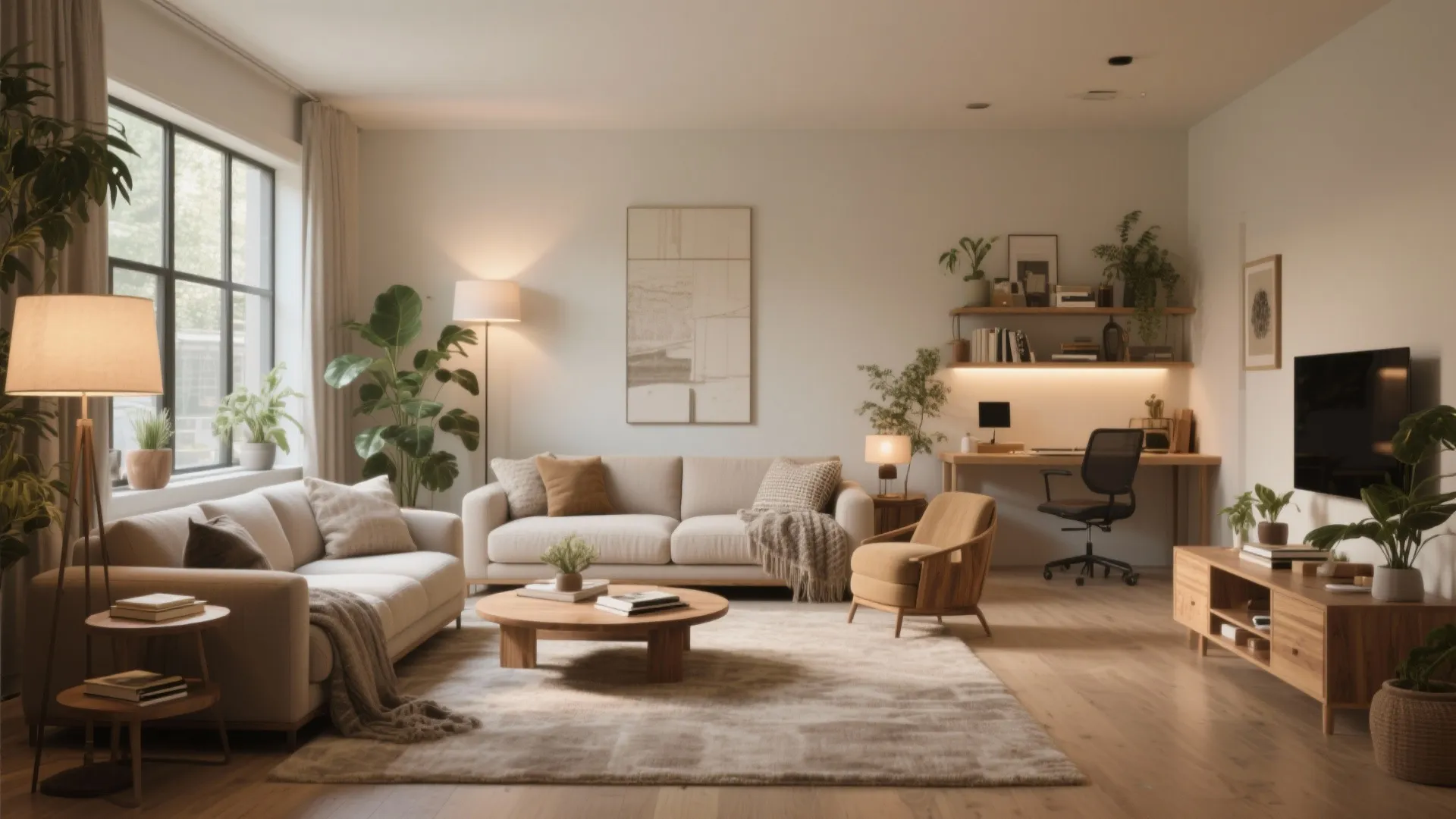 Modern open living room including two sofas, a desk, wooden furniture, and many green plants