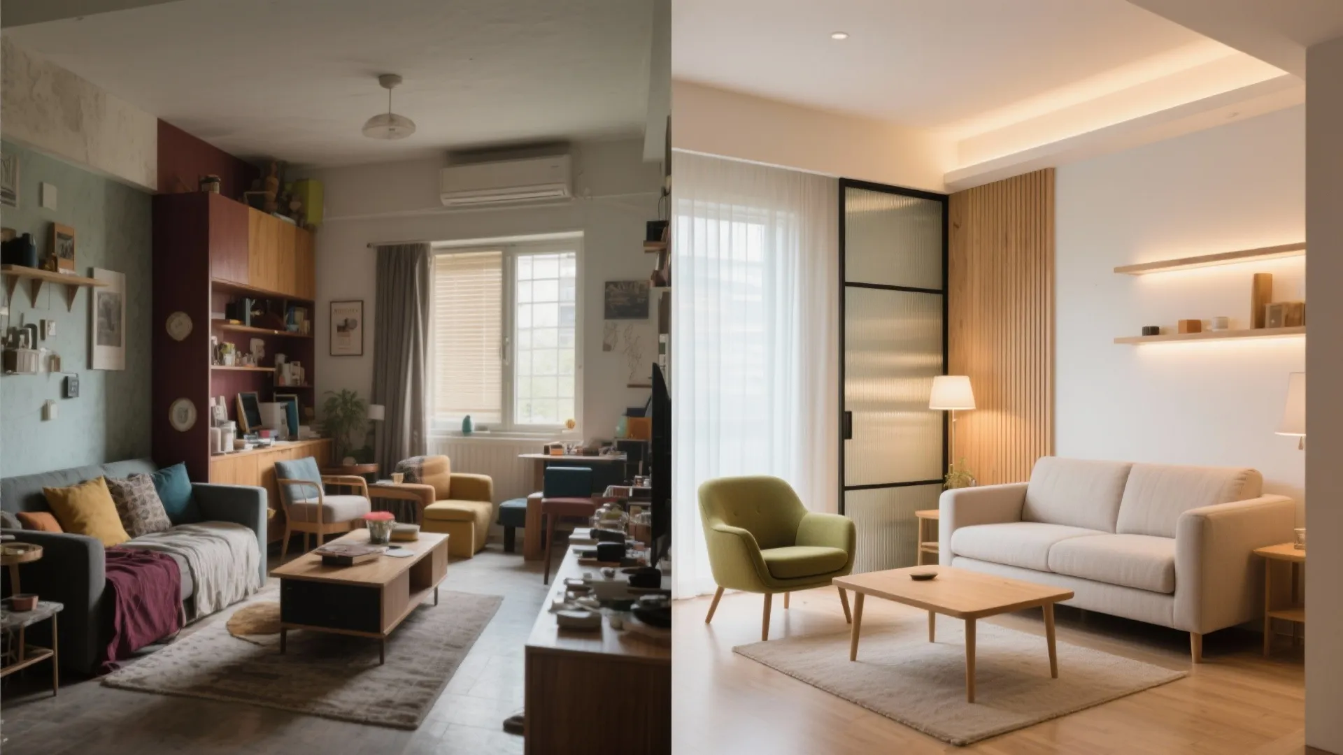 Before and after comparison showing a messy old living room versus a clean minimalist modern room