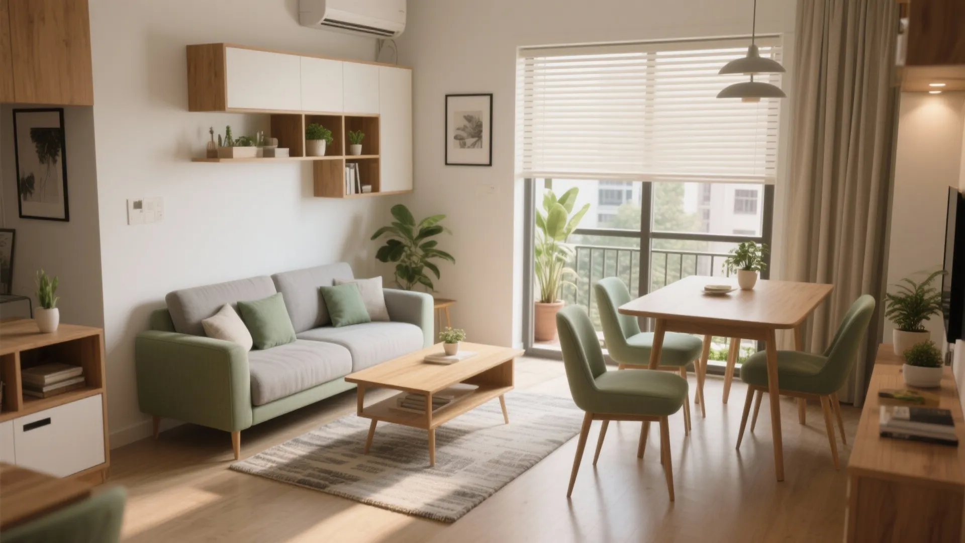 Open plan living area with grey sofa wooden coffee table dining set and large bright windows