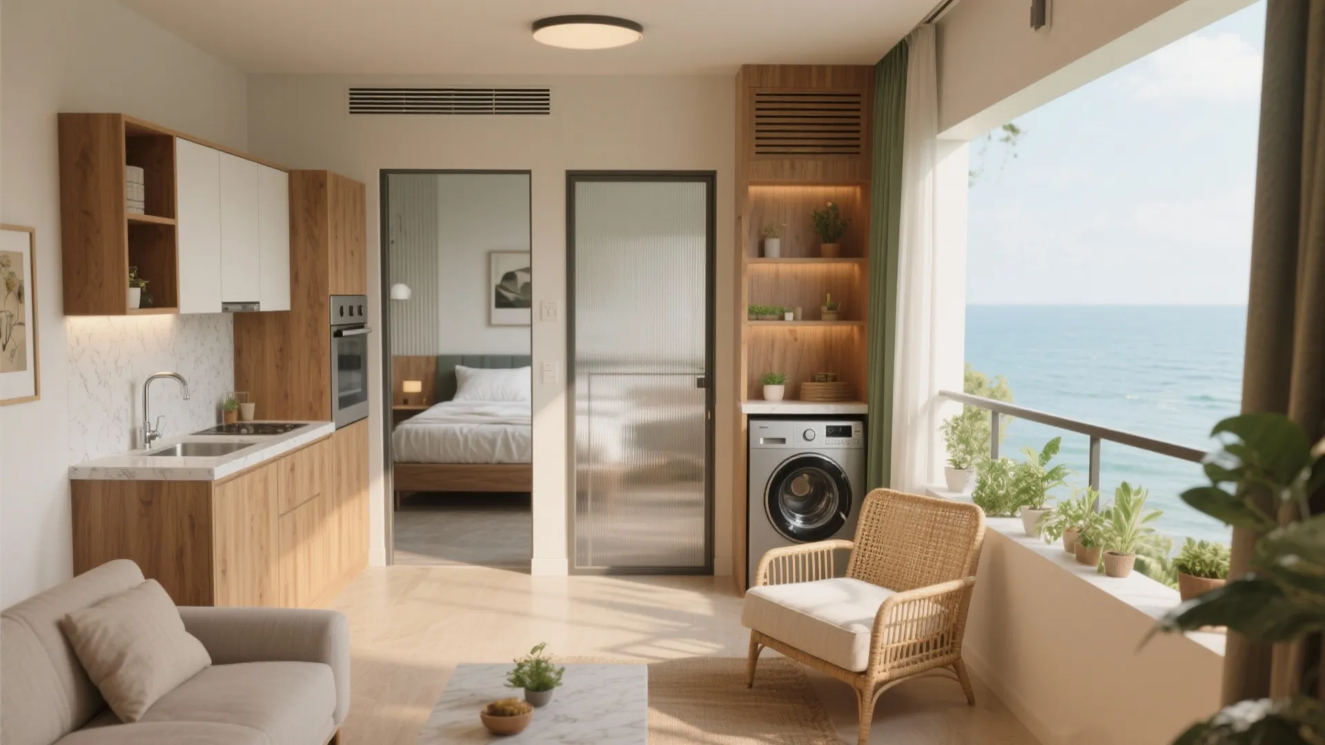 Modern studio apartment with wooden kitchen cabinets washing machine rattan chair and sea view balcony window