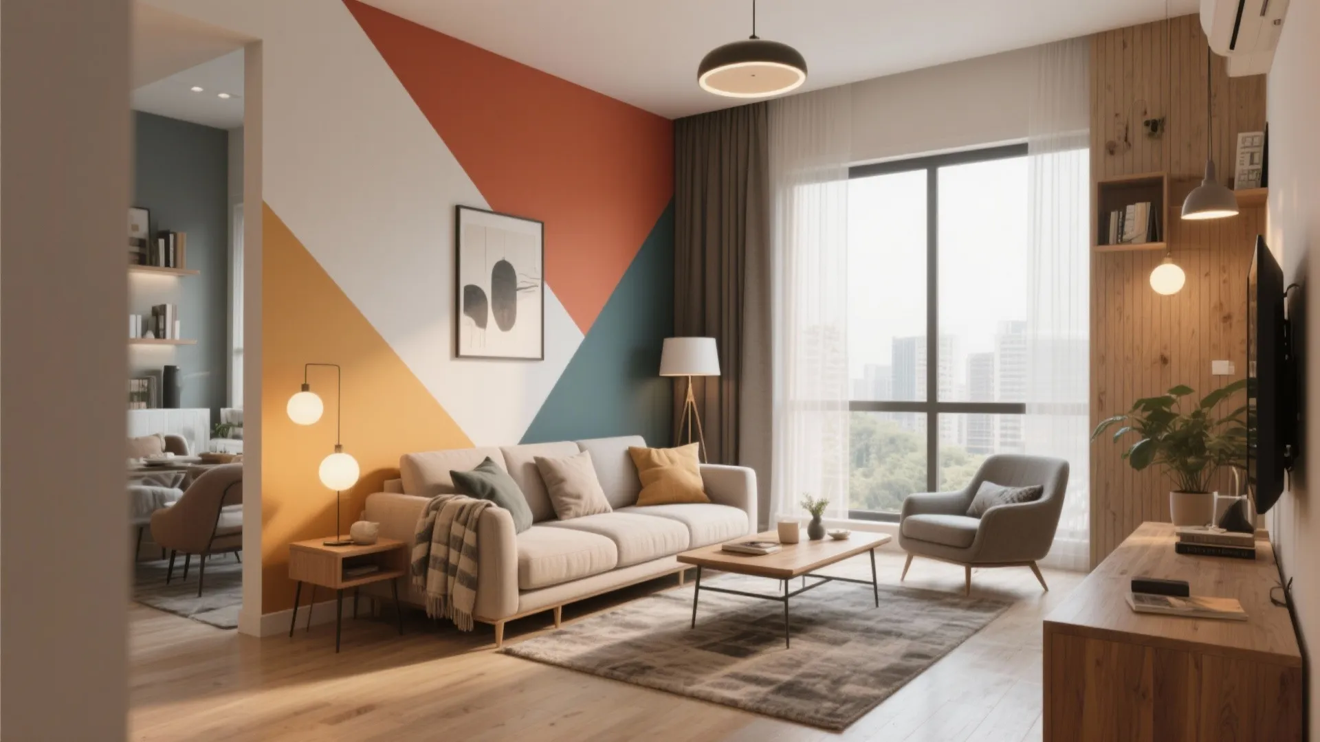 Modern living room with colorful geometric wall design white sofa wooden table and grey rug