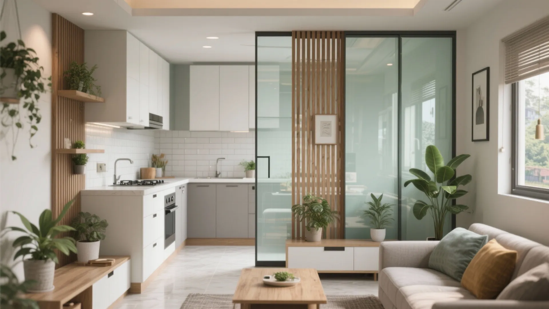 Modern living room and kitchen area separated by a glass sliding door with wooden wall panels