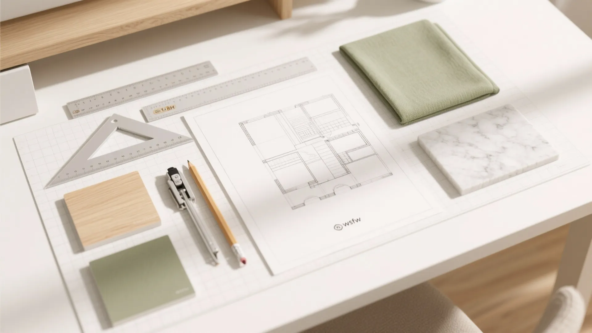 Floor plan drawing on white desk with rulers pencils green fabric sample and white marble