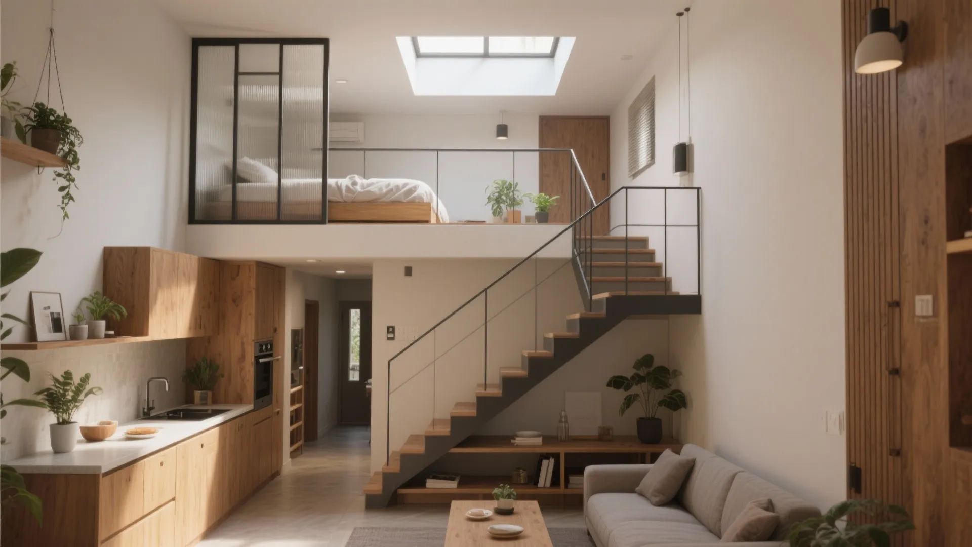 Modern studio home with wood kitchen and loft bedroom under a large bright roof window