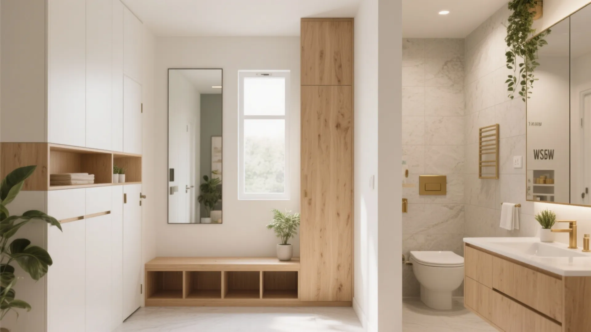 Vertical storage and mirrored depth in entry and bath