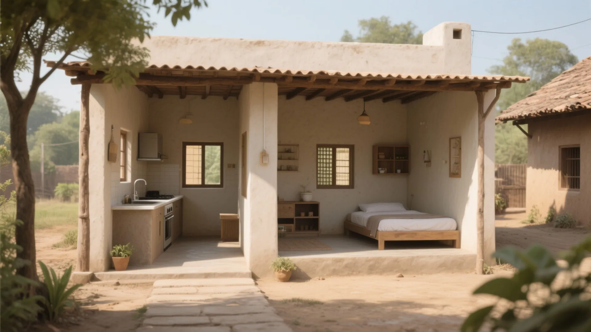 Small open house showing a simple kitchen and bedroom with white walls and wooden roof