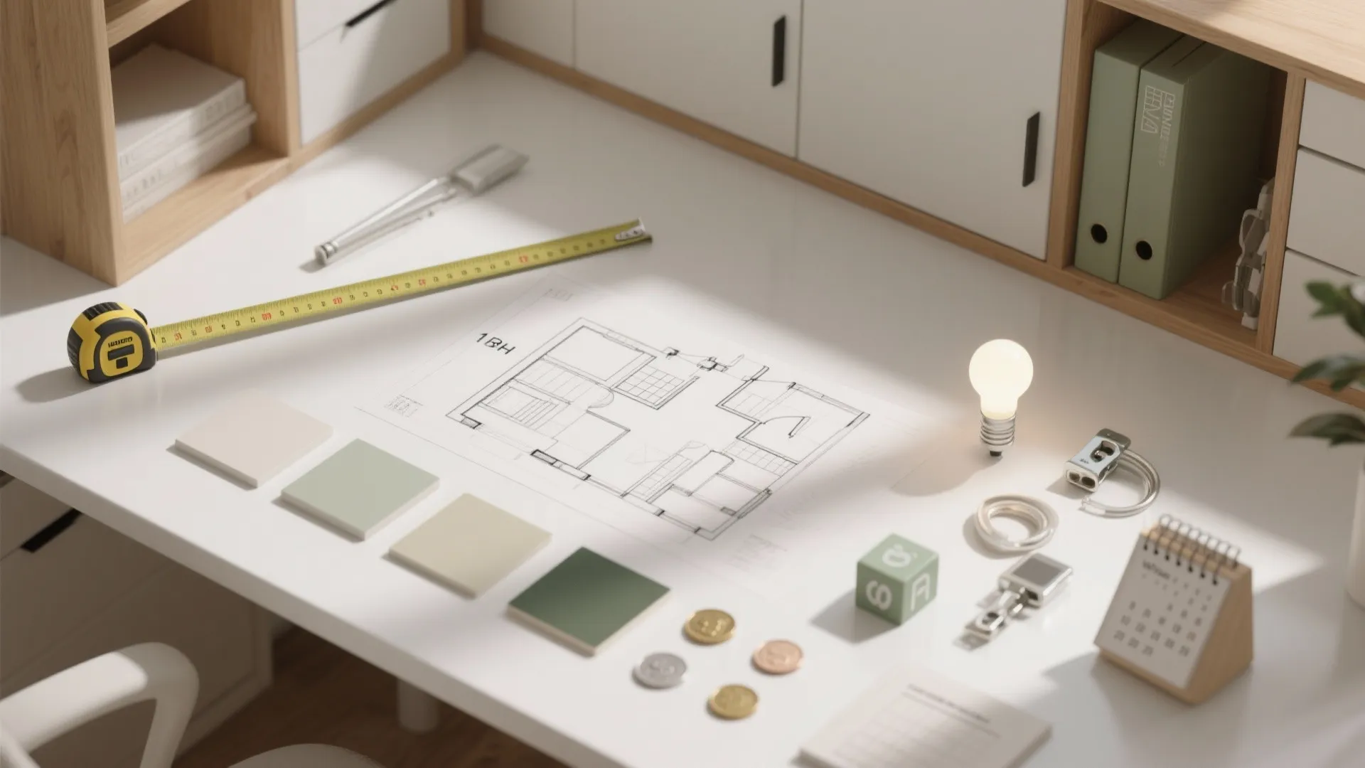 White desk showing 2D floor plan layout with measuring tape color tiles and light bulb