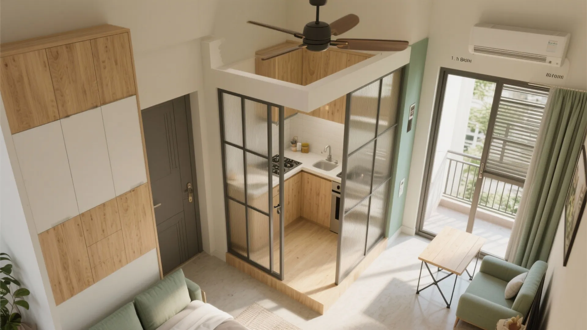 Small apartment interior design drawing with glass kitchen wall green sofa and wood storage cabinet