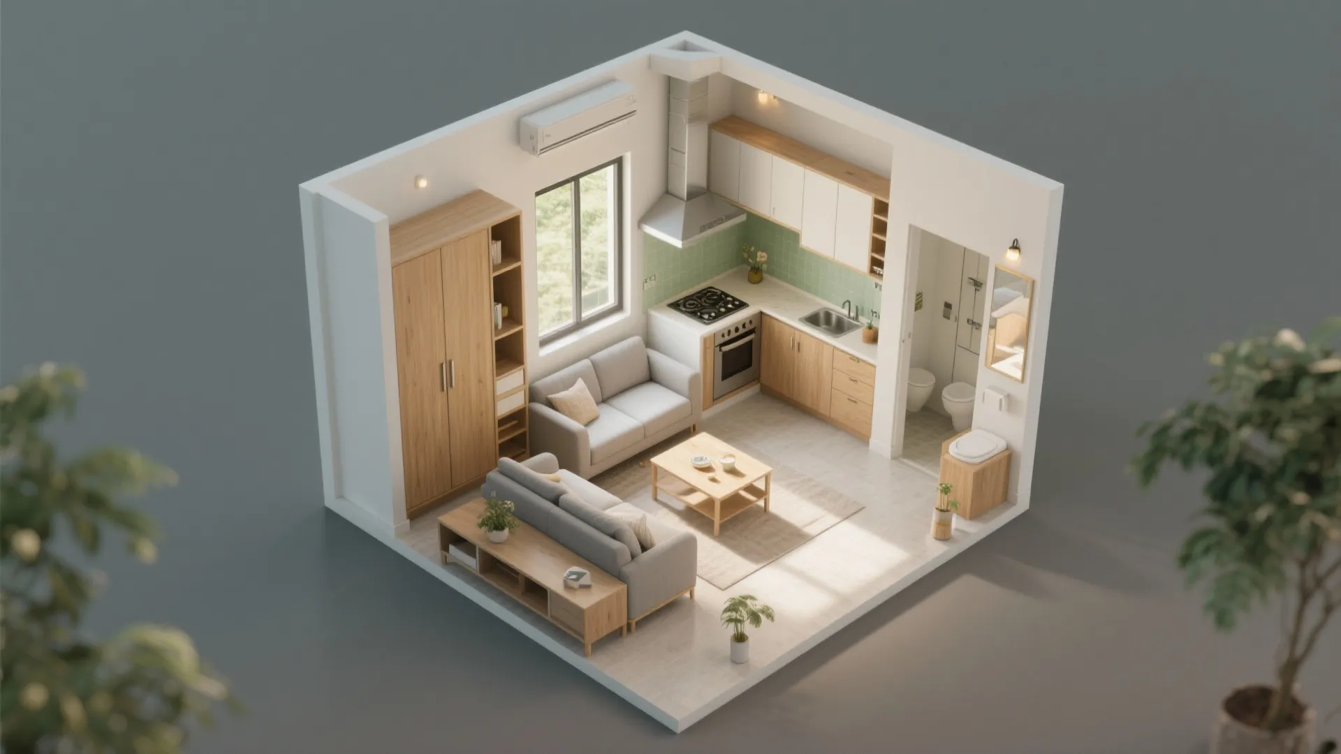 Interior design drawing showing small apartment room layout with living area kitchen and bathroom space