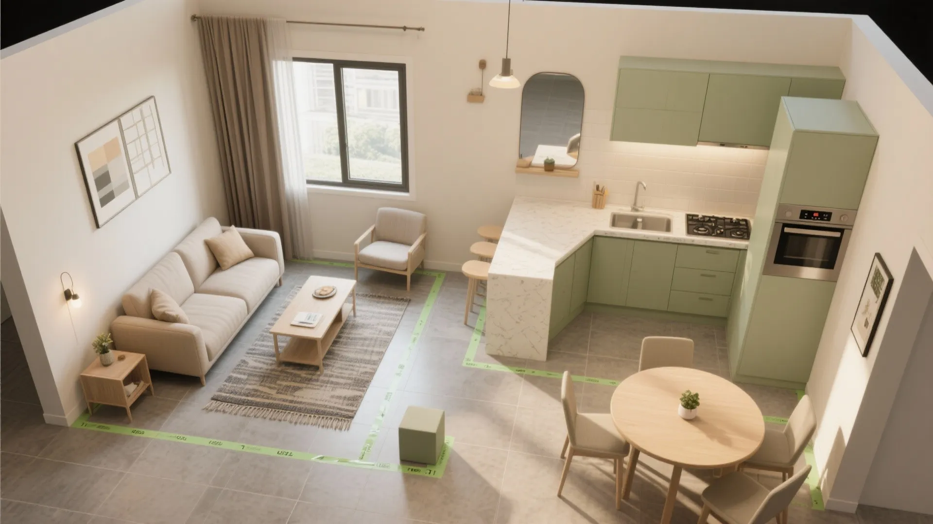 Top-down interior design drawing of an open apartment with sofa dining table and green kitchen