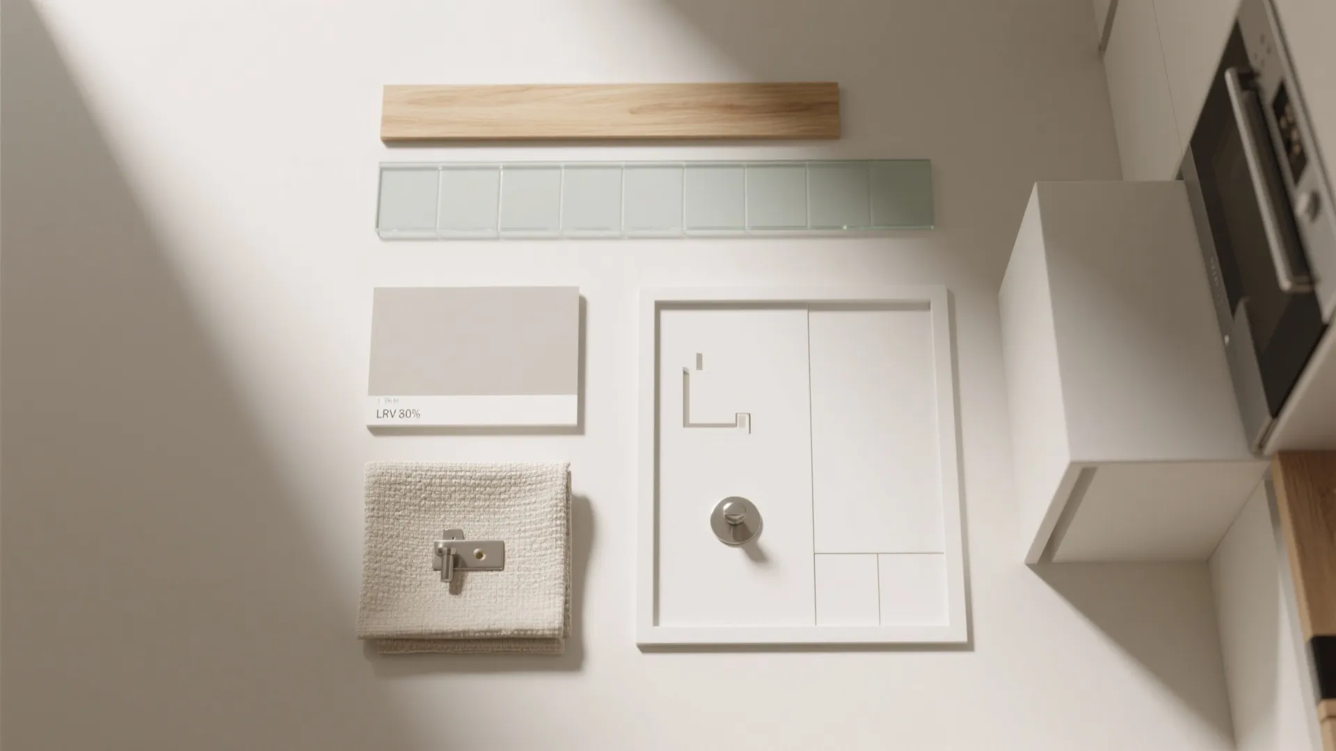 Top view of interior design material board with wood tile fabric sample and white kitchen cabinet