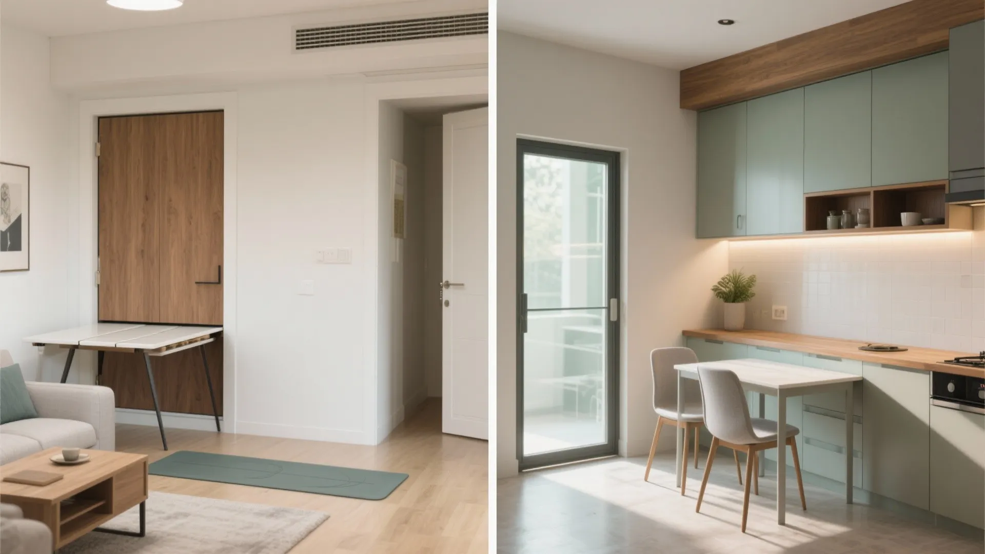 Foldaway furniture and pocket doors for flexible zones