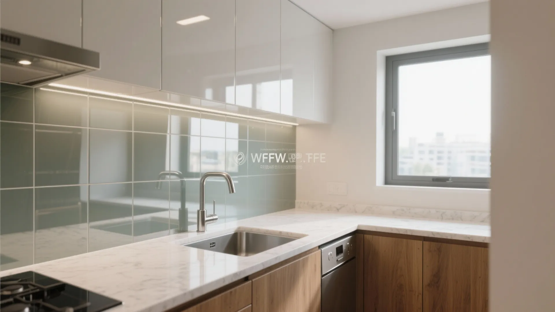 Glass backsplash and reflective finishes for instant openness