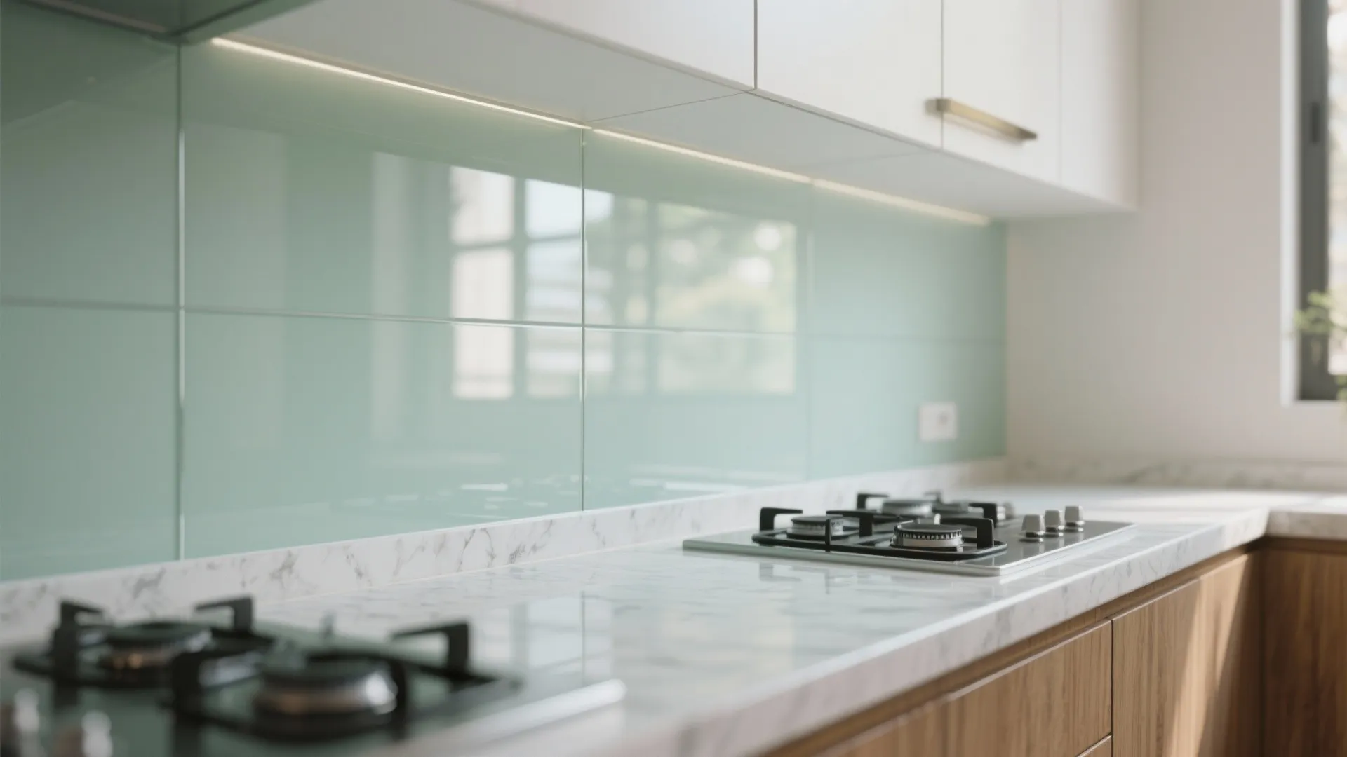 Glass backsplash for a brighter small kitchen