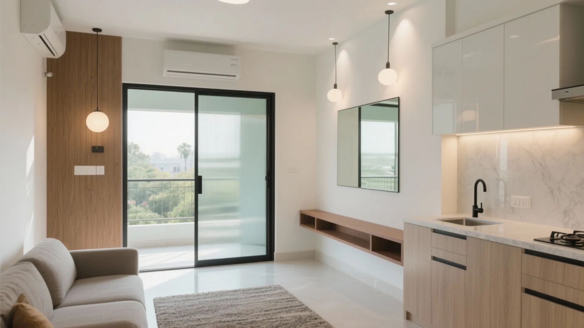 Modern open plan studio apartment with small kitchen area sofa sliding glass door and balcony