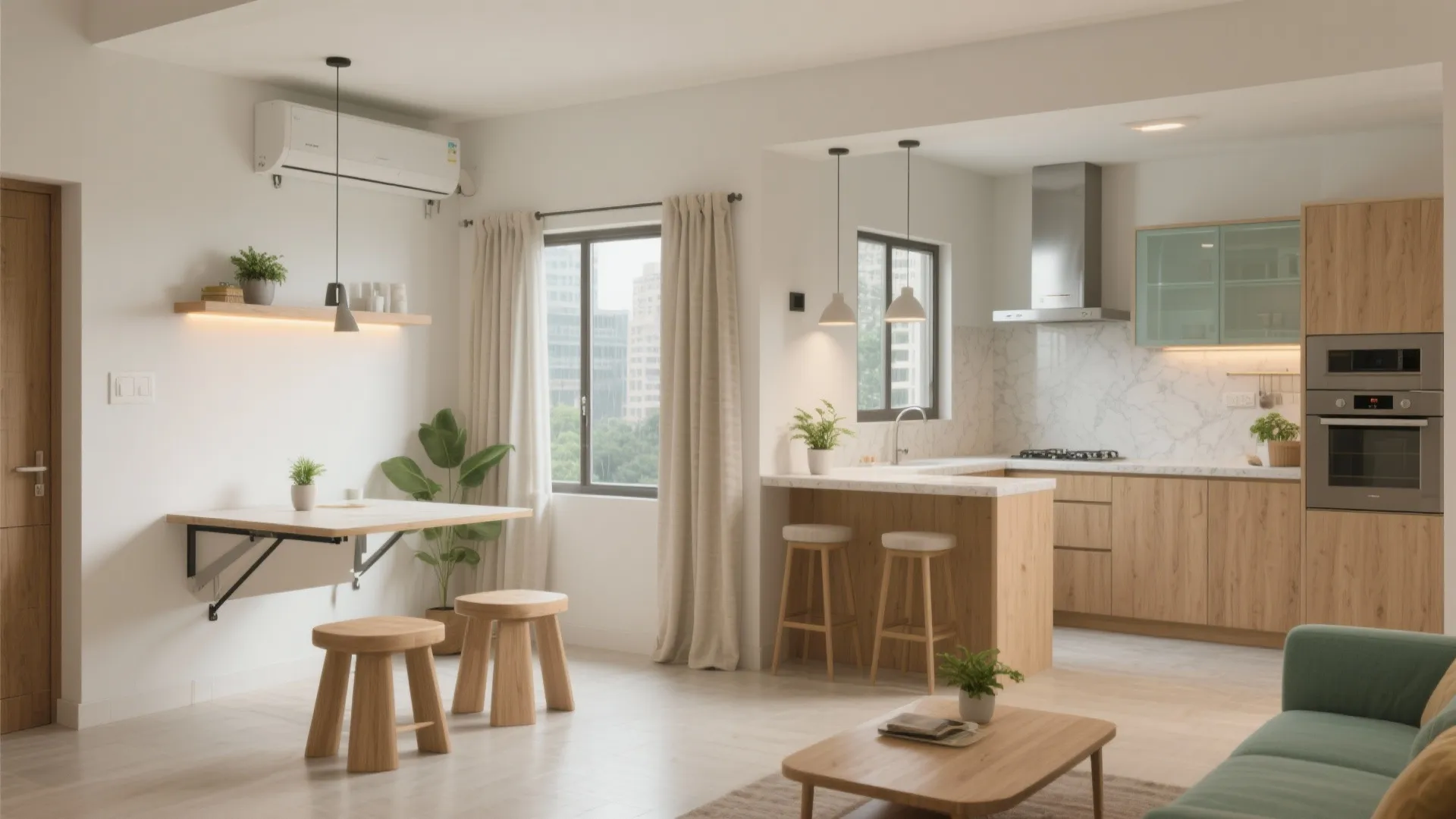 Modern open plan living area with dining table wooden stools kitchen island and light green sofa