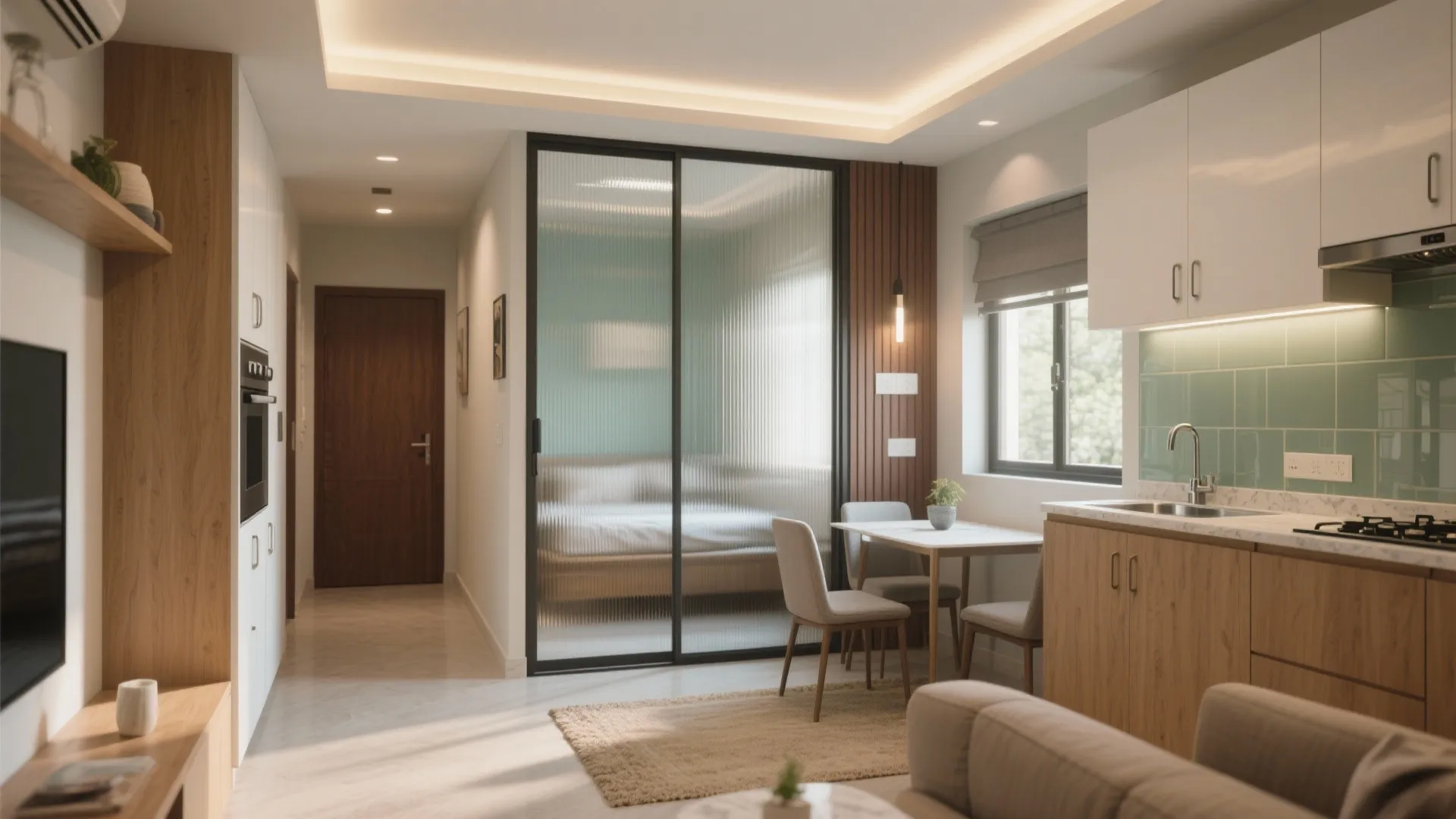 Modern small apartment featuring wood kitchen cabinets, dining table, glass sliding doors, and bedroom view