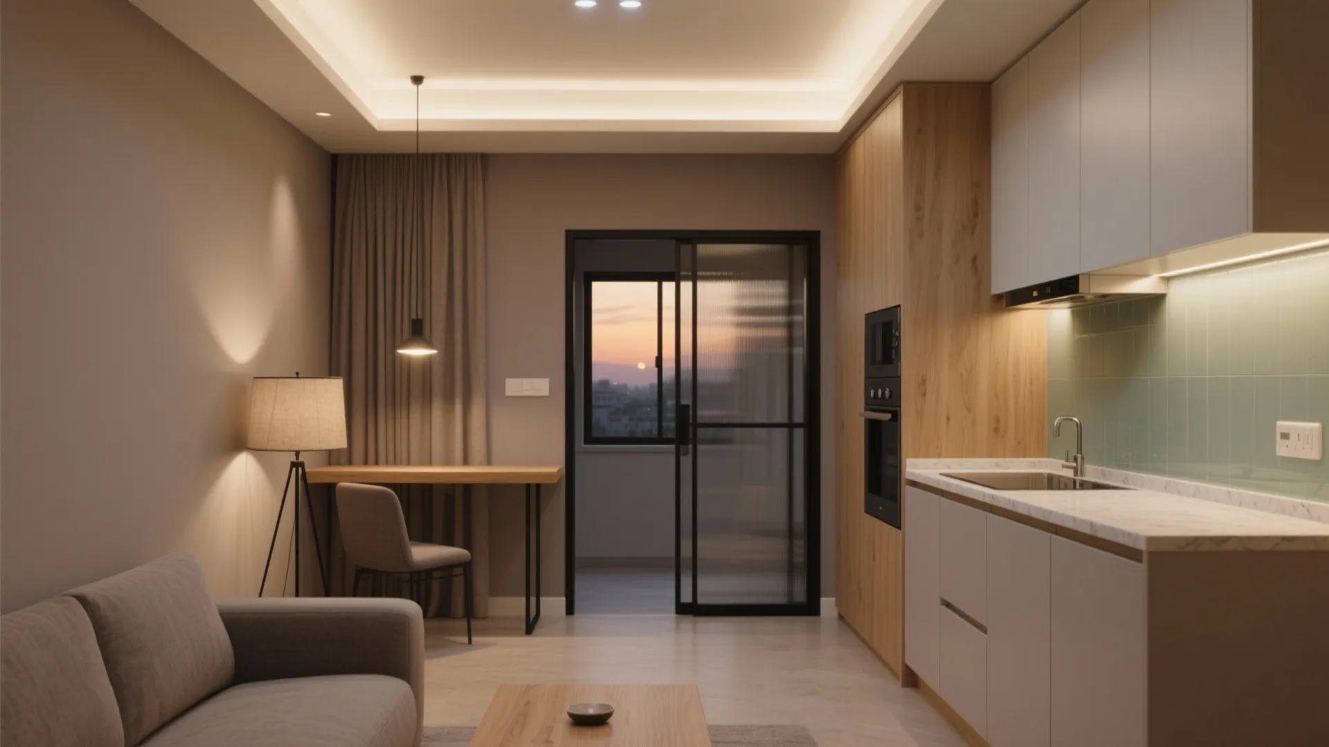 Modern apartment interior featuring an open kitchen area with white cabinets and a cozy sofa