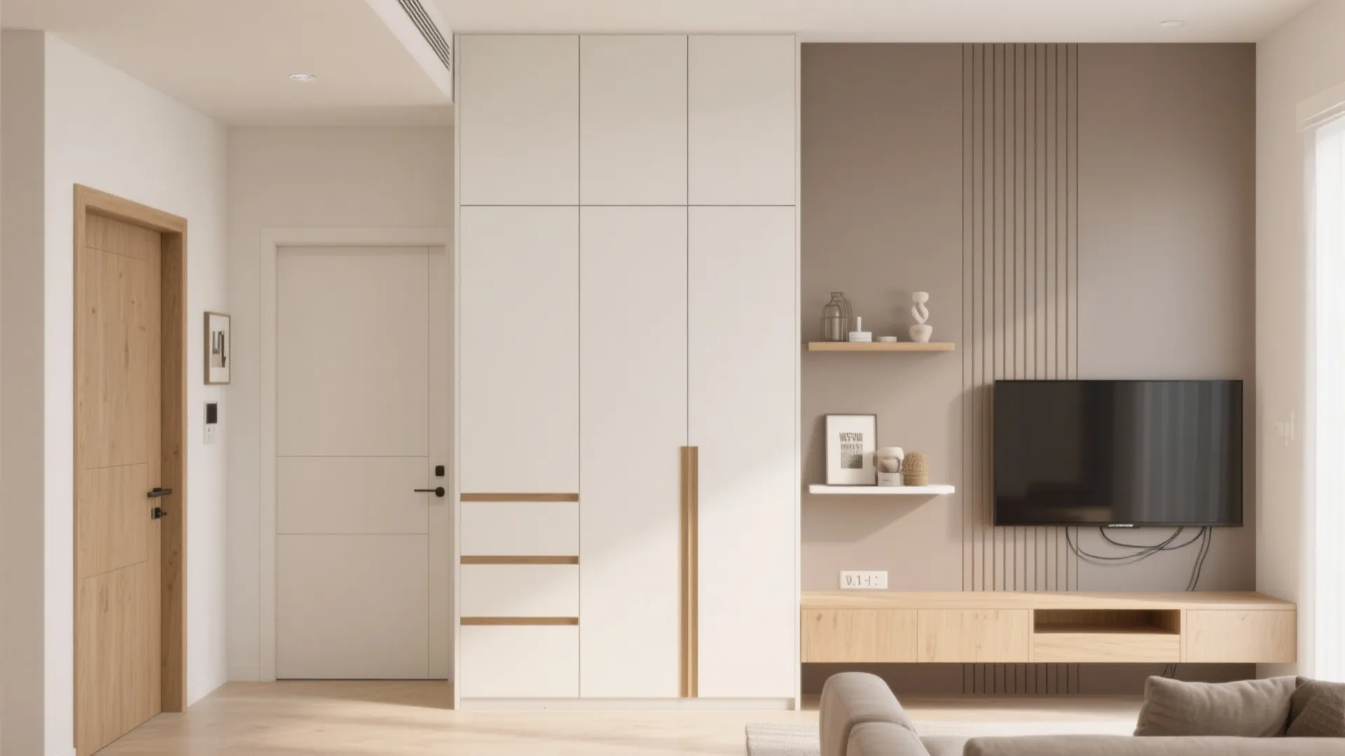 Minimalist living room wall featuring a large white cabinet next to a television and shelves