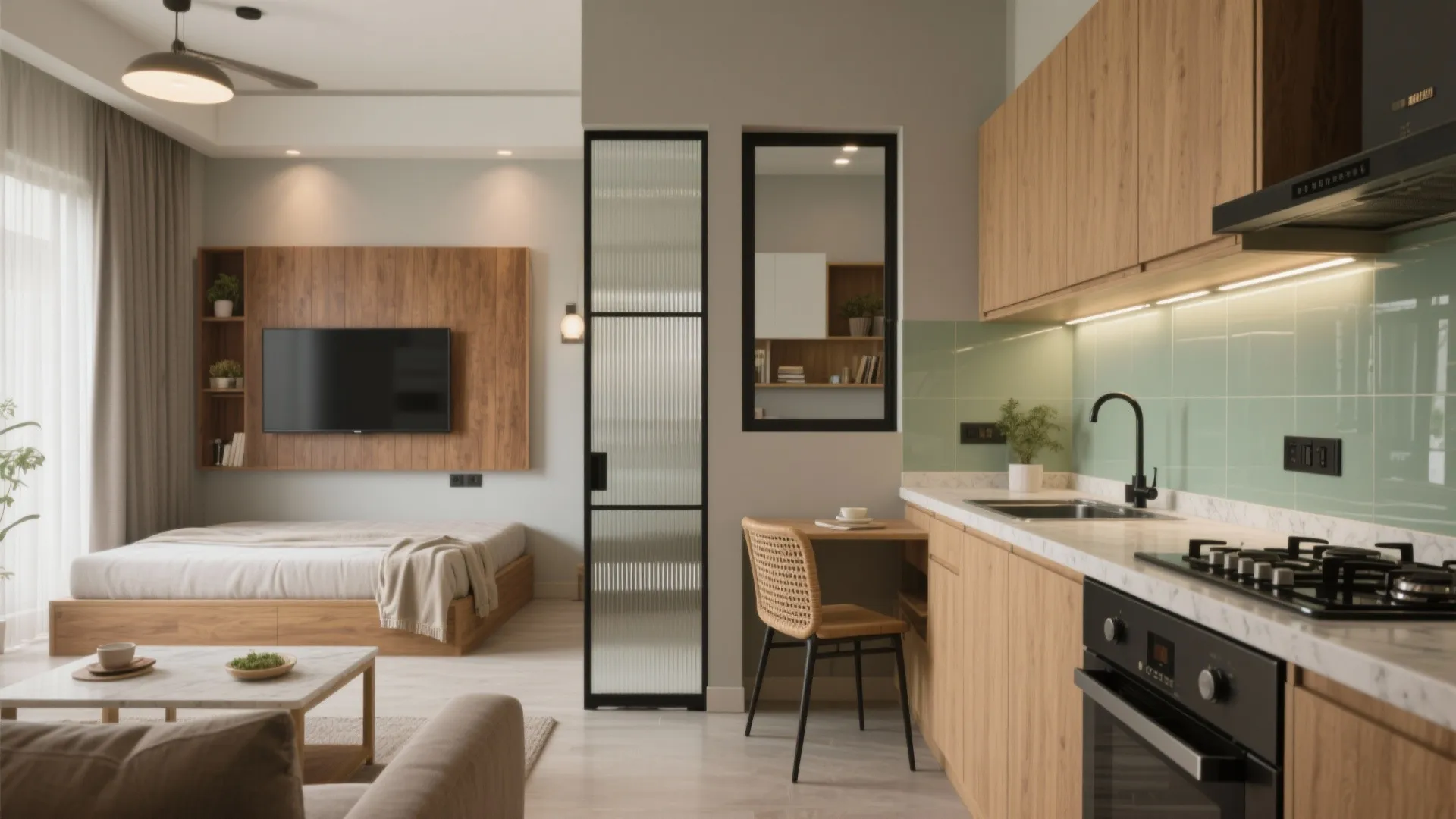 Modern studio apartment layout with wooden bed frame television wall kitchen cabinets and dining chair area