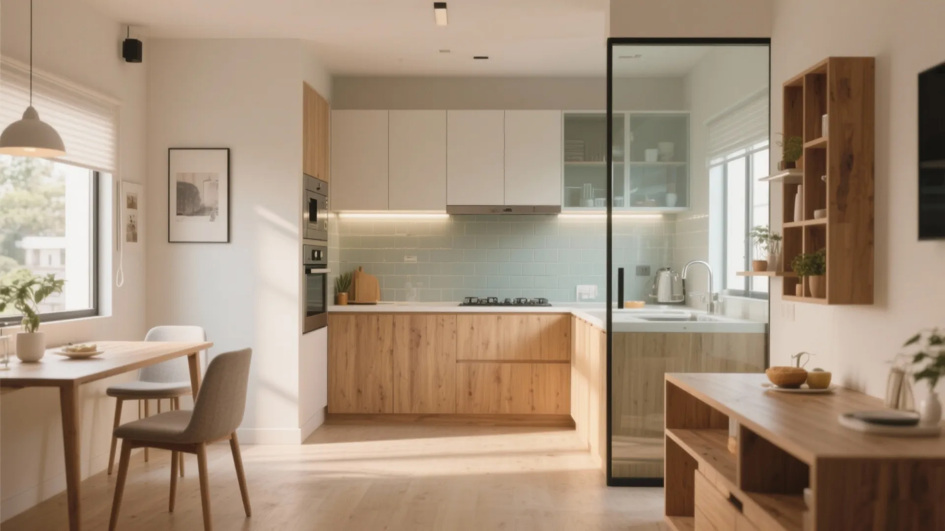 Open plan kitchen and dining area featuring wooden cabinets blue tiles glass partition and table