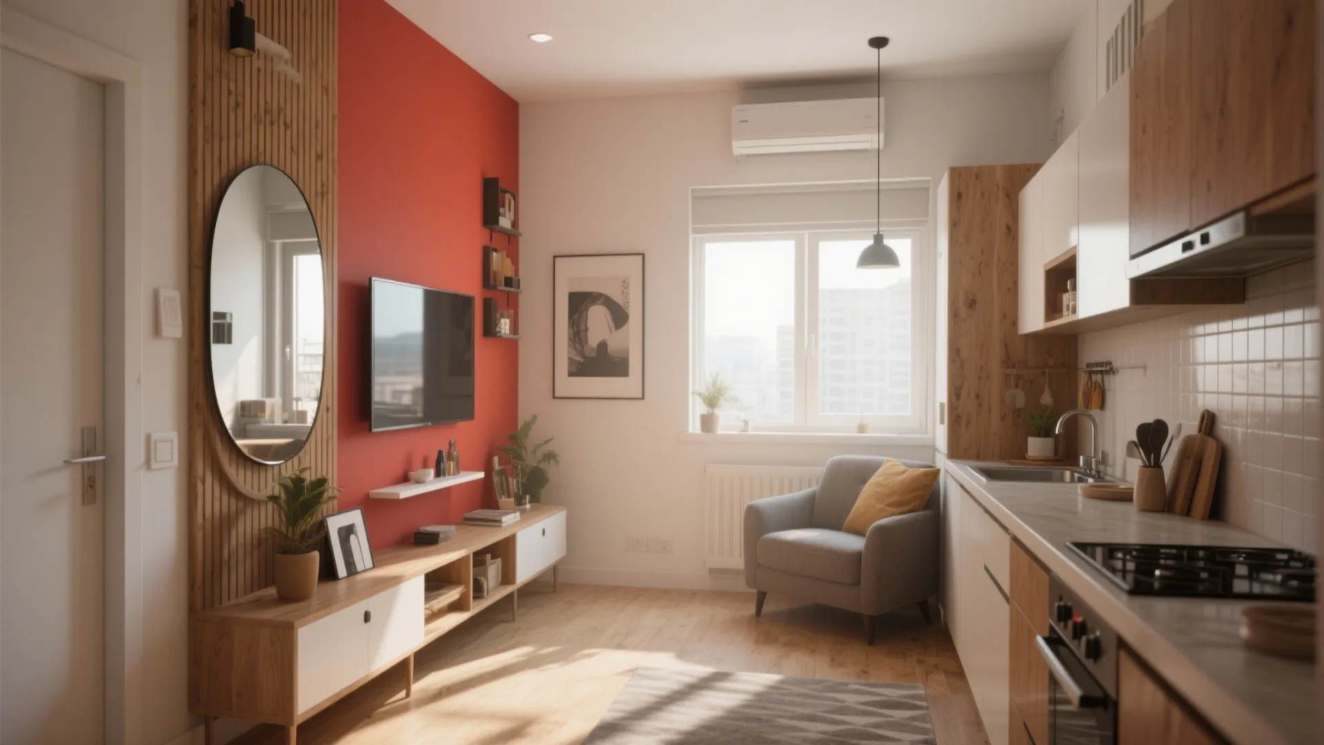 Small apartment interior design drawing with red wall and kitchen counter in an open layout