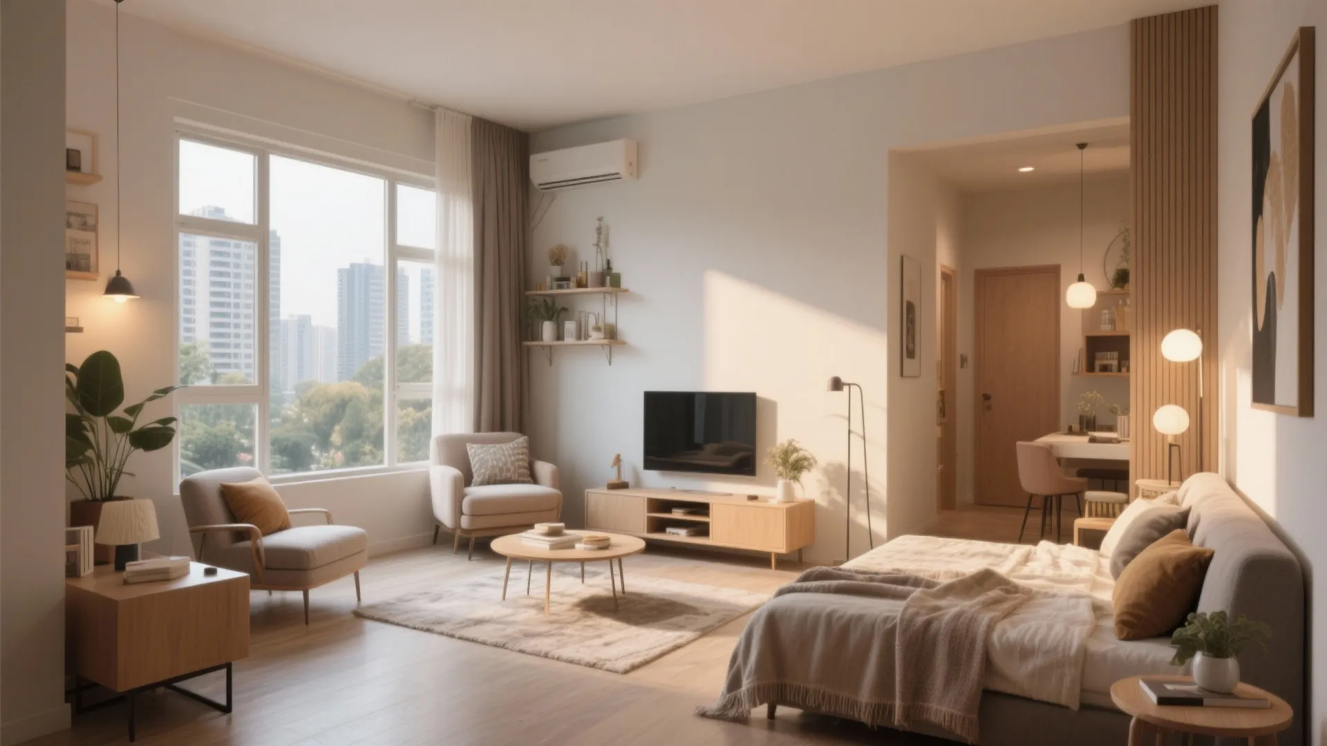 Modern studio apartment room layout featuring a bed living area and windows with city view