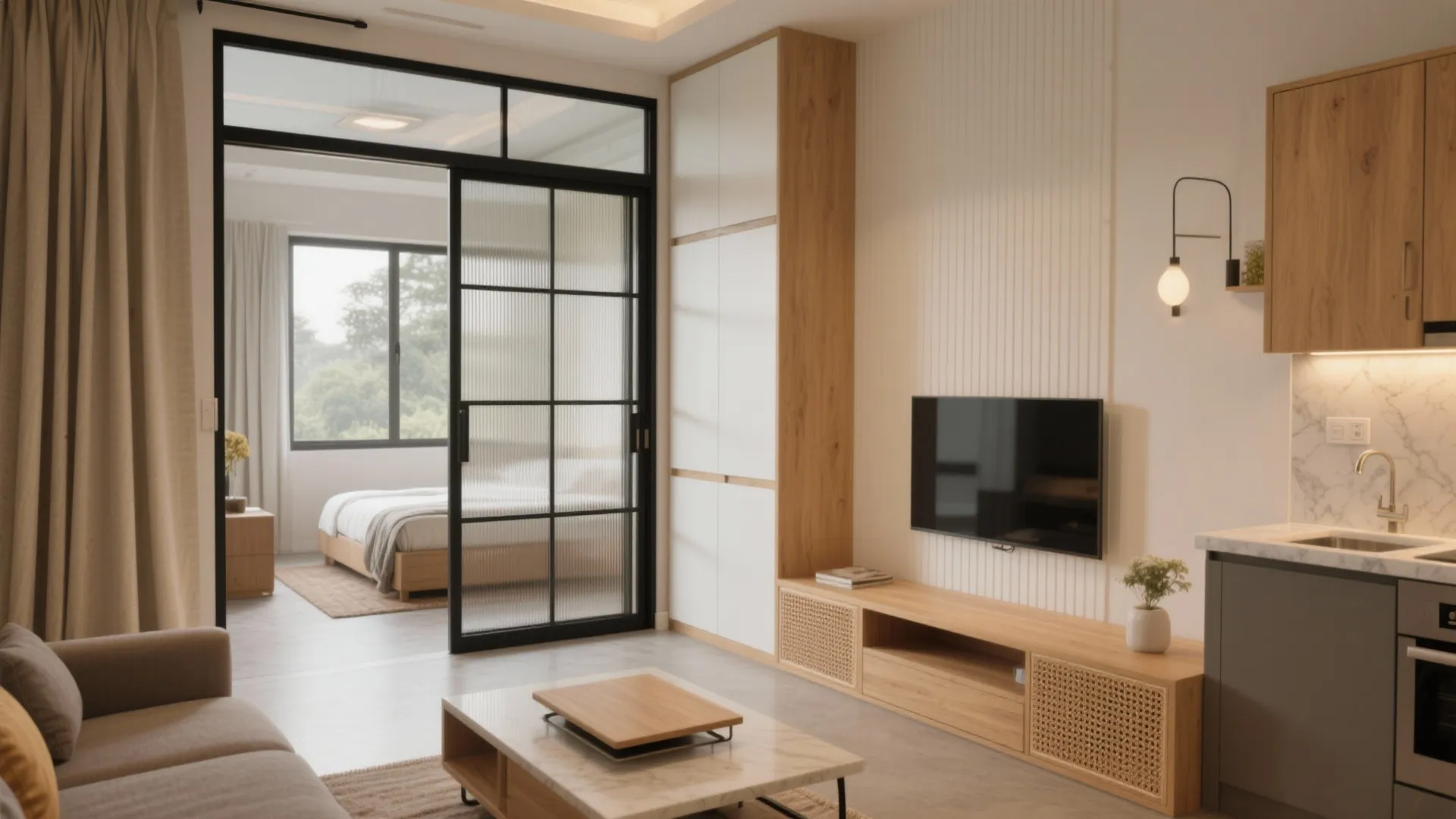 Living room with wooden cabinet and tv next to kitchen and glass door to bedroom