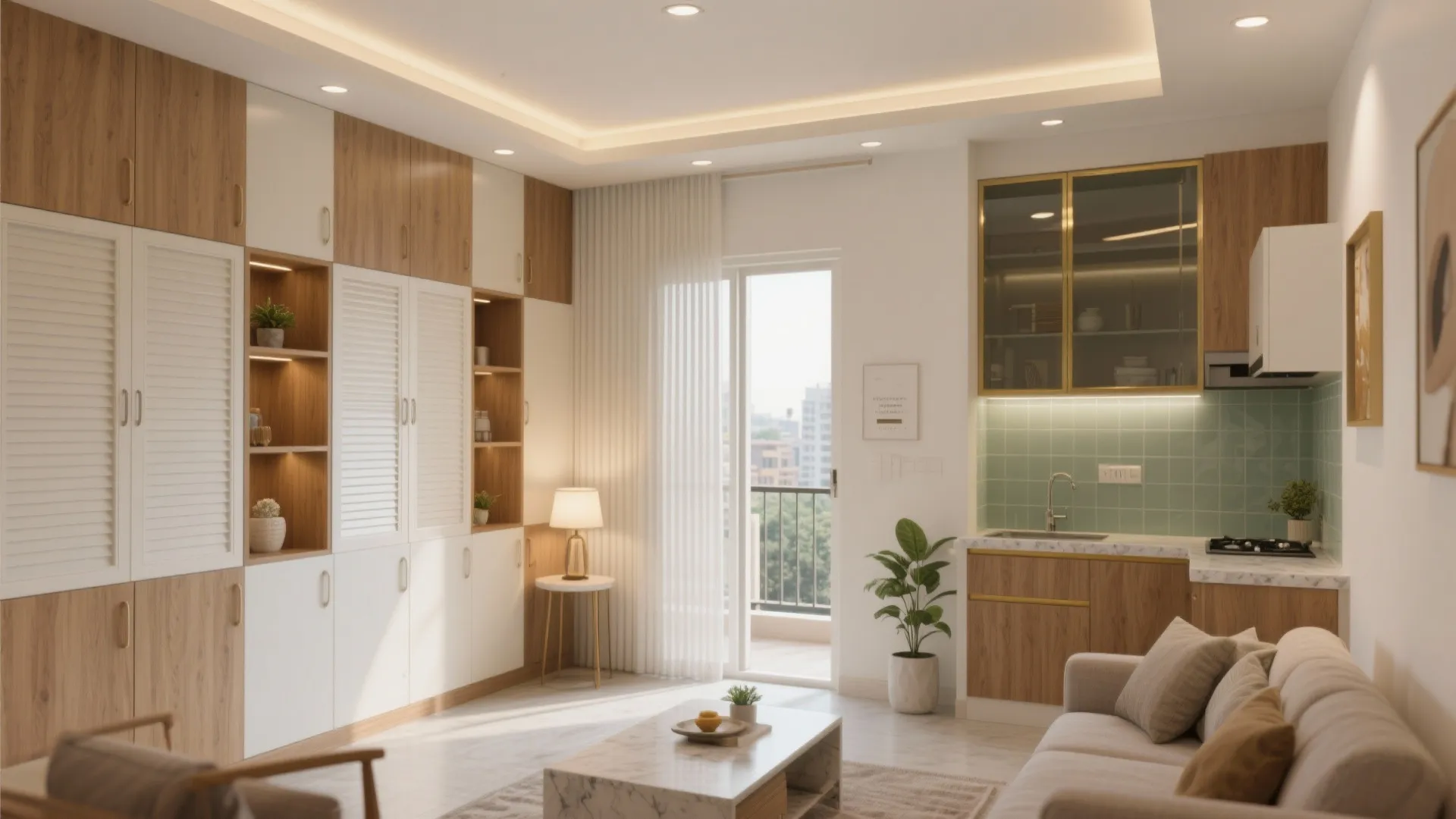 Modern living room and kitchen featuring wooden cabinets white sofa marble table and bright natural light