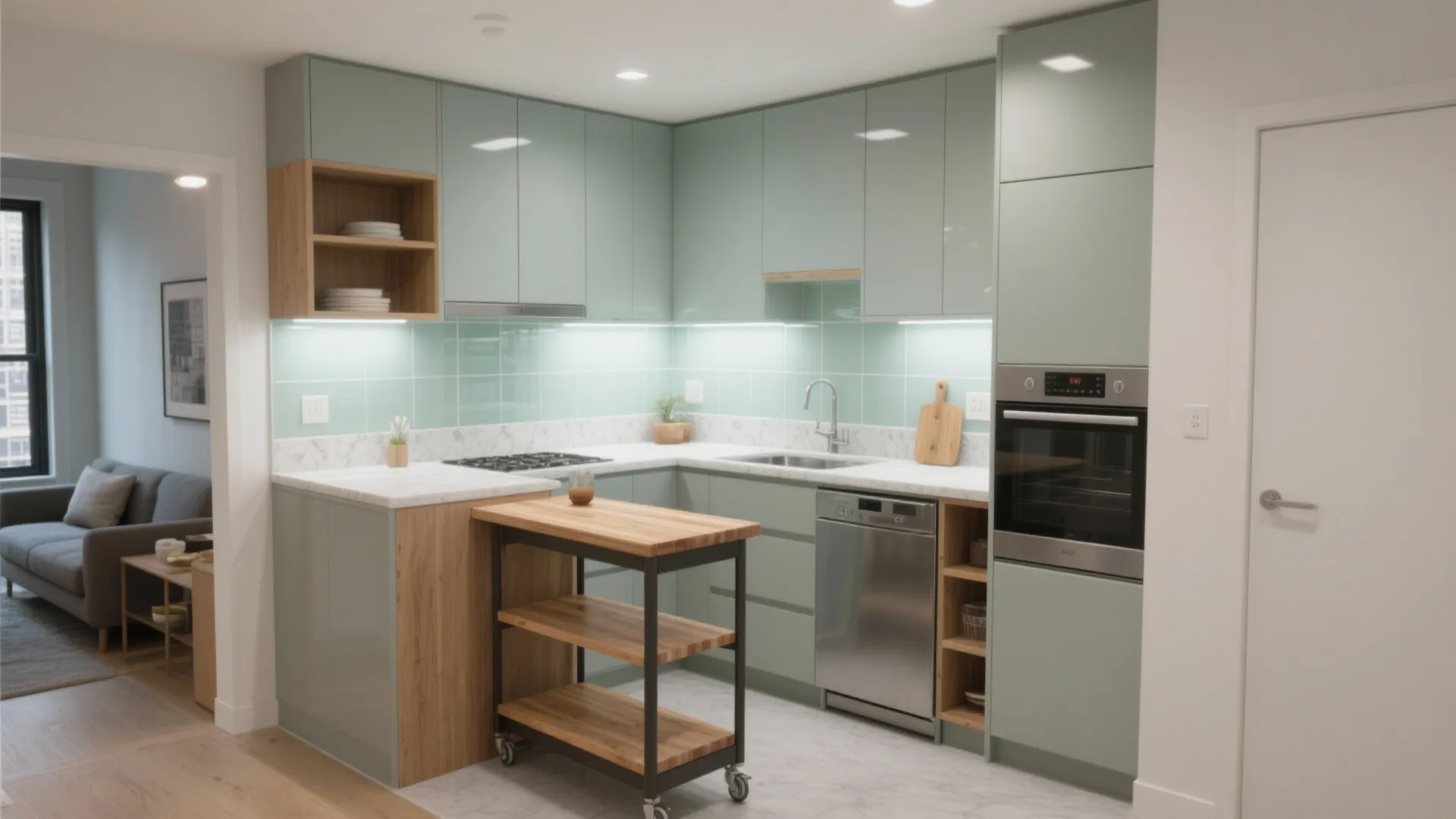 L-shaped kitchen with light green cabinets marble countertops and a wooden rolling storage cart furniture