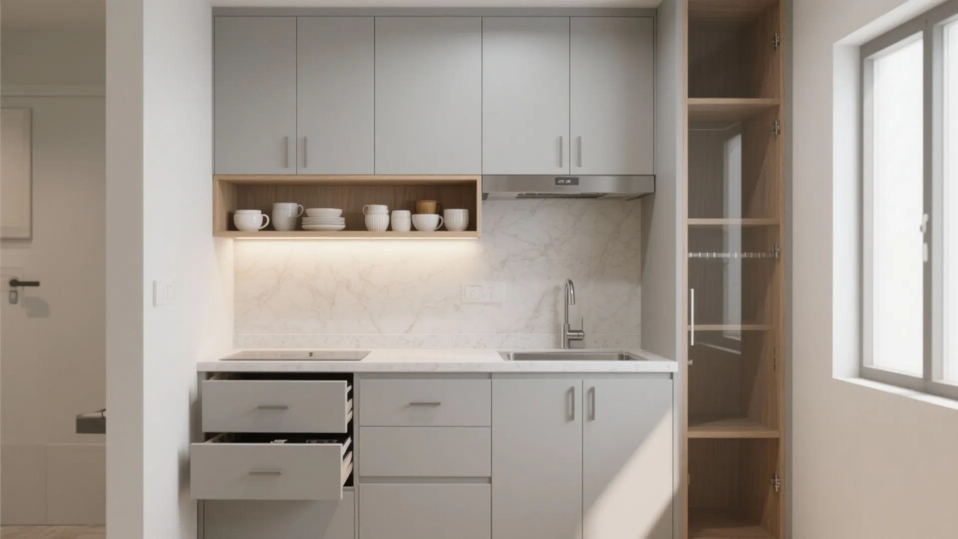 Minimalist kitchen storage for a 1 BHK