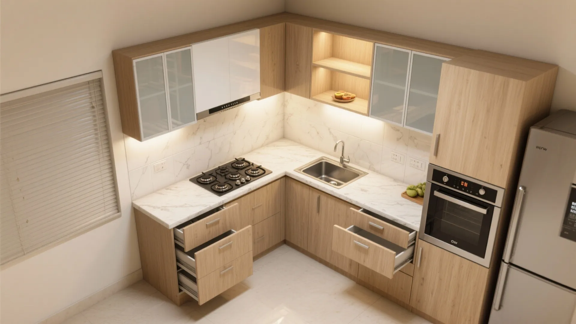 Modern L-shaped kitchen with wooden cabinets, white marble countertop, built-in oven, and a silver fridge