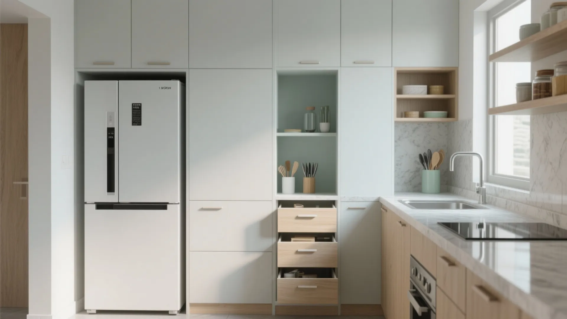 Minimalist kitchen storage in a small 1 BHK