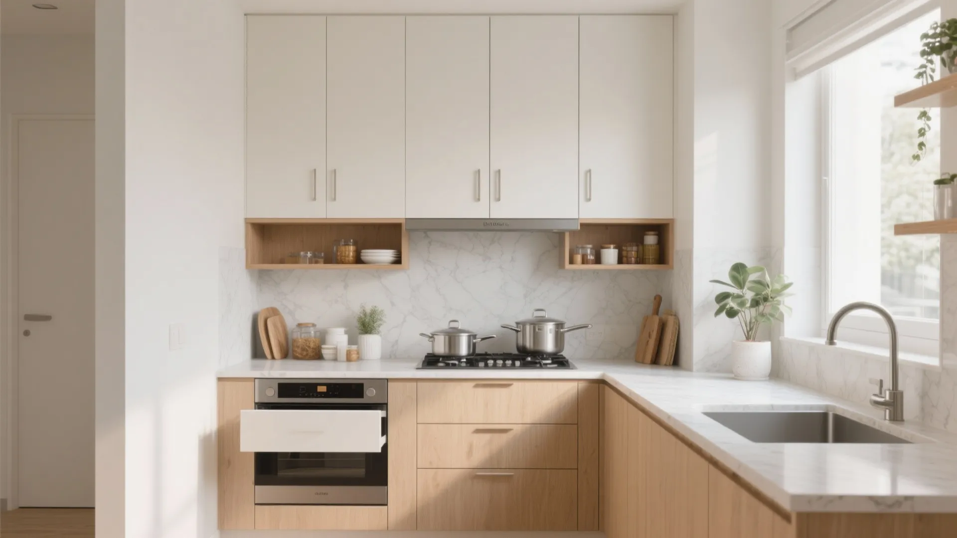 Modern kitchen with white upper cabinets wood lower cabinets marble wall stove sink and window