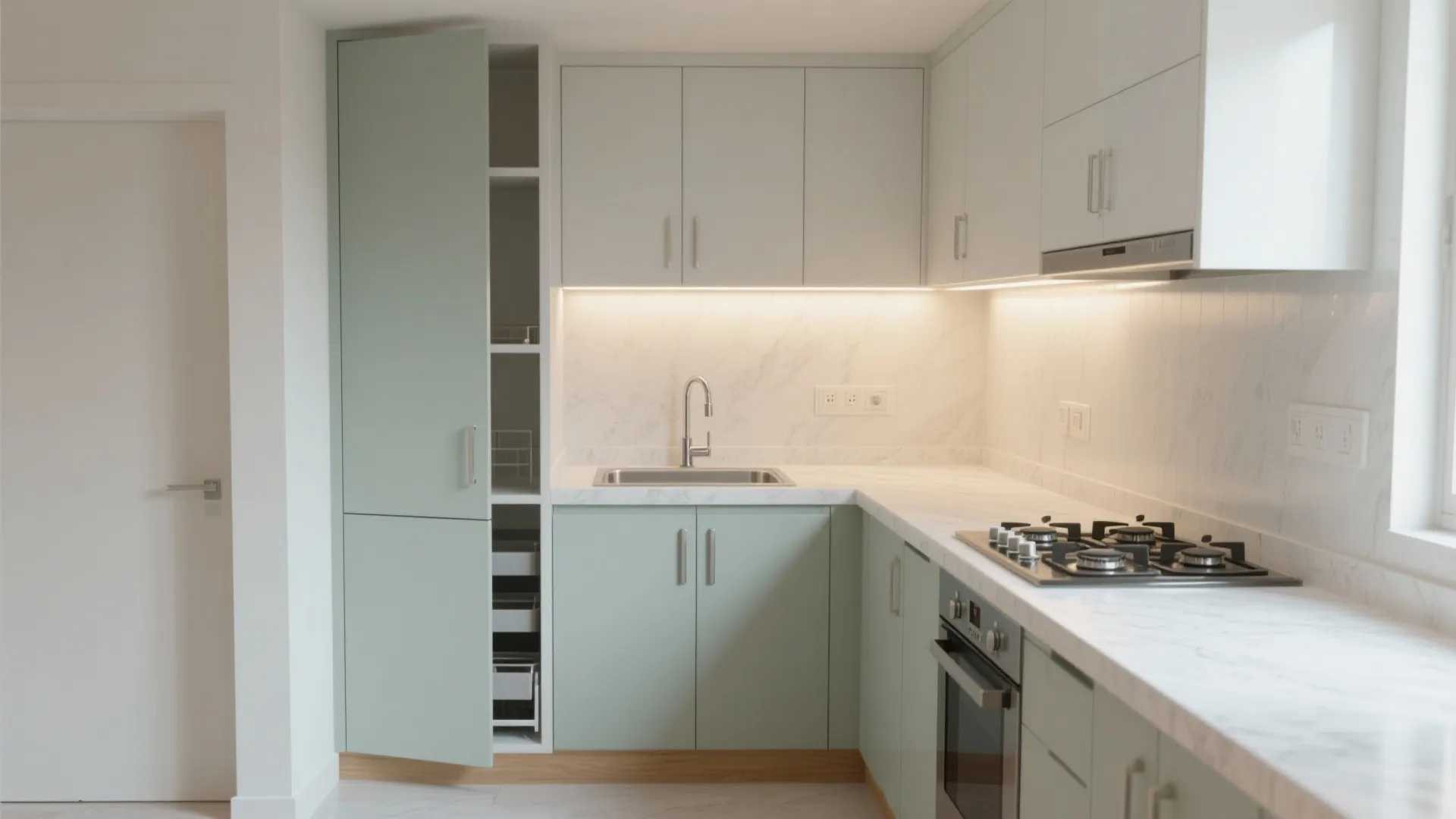 Modern kitchen with mint green lower cabinets white upper units marble countertop sink and stove