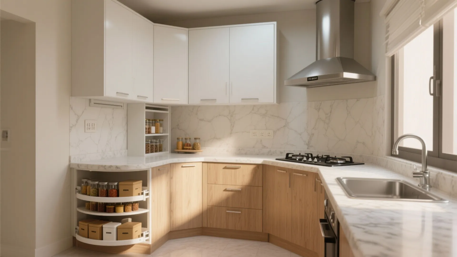 Small kitchen with white wall cabinets wood lower cabinets marble countertop and corner storage shelves
