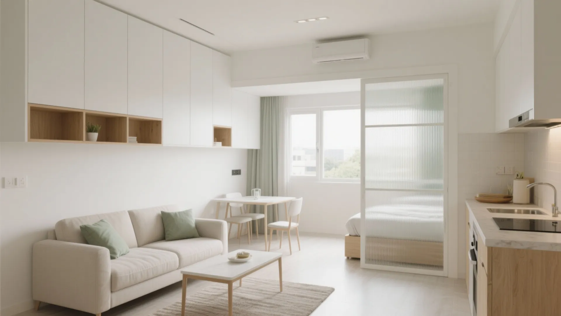 Minimalist open plan apartment with sofa, dining table, kitchen counter, and glass bedroom sliding partition