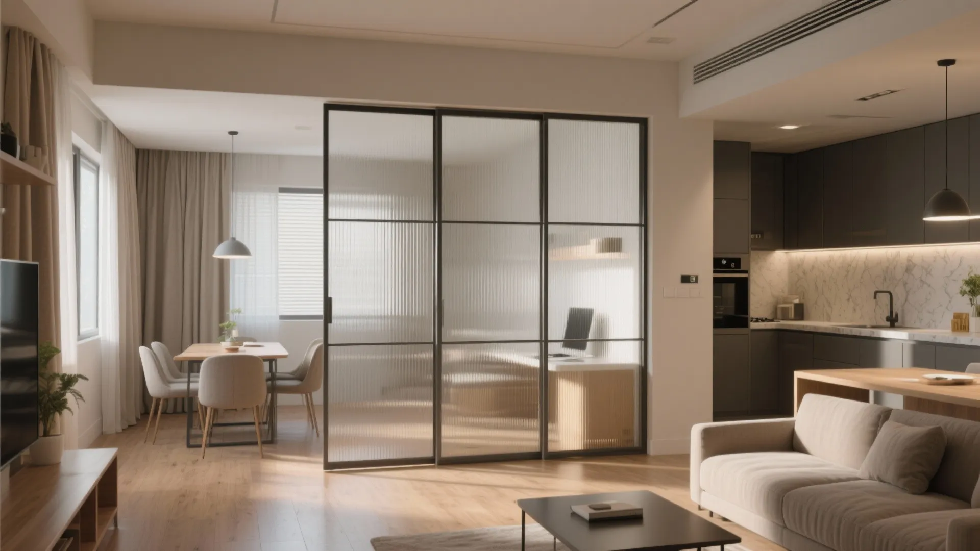 Open-plan living core with sliding partitions