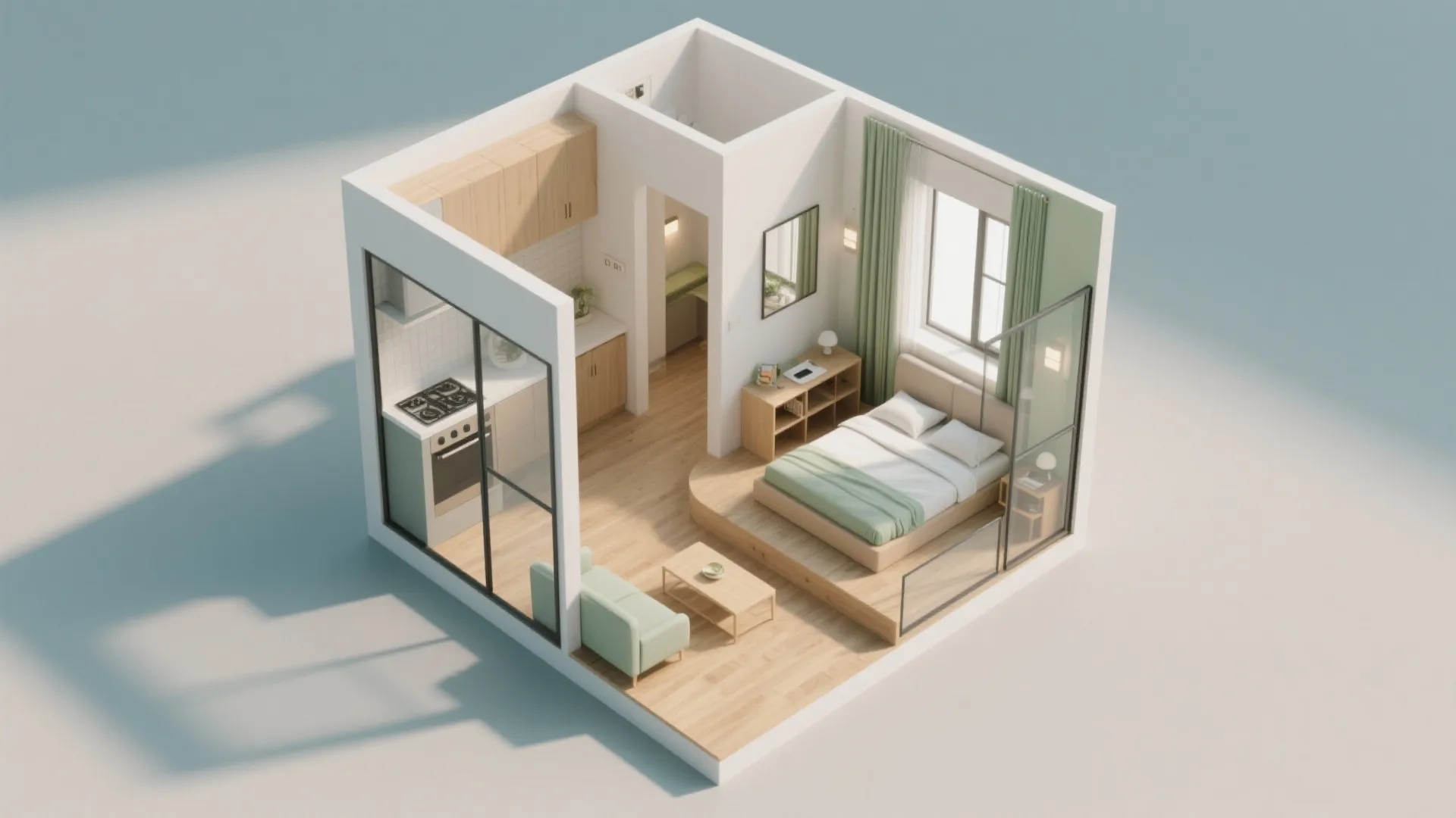 Small 3D apartment layout with kitchen stove wood cabinets green sofa raised bed and flooring
